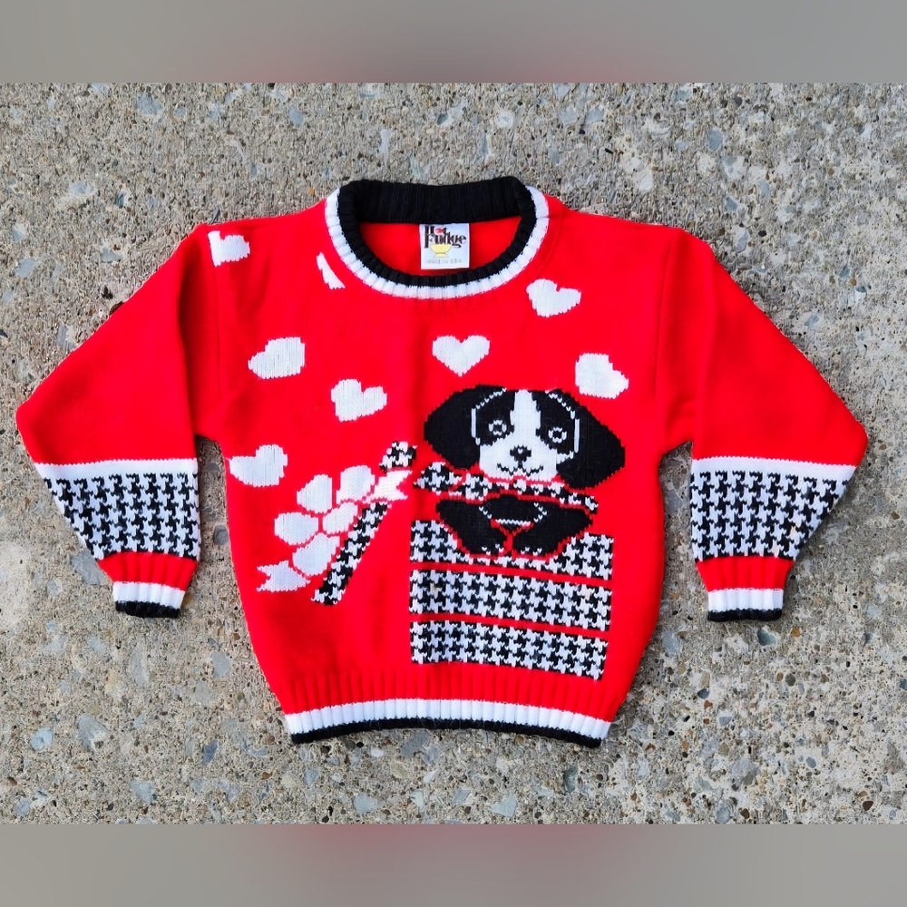 Vintage Kids Sweater With A Cute Puppy And Hearts